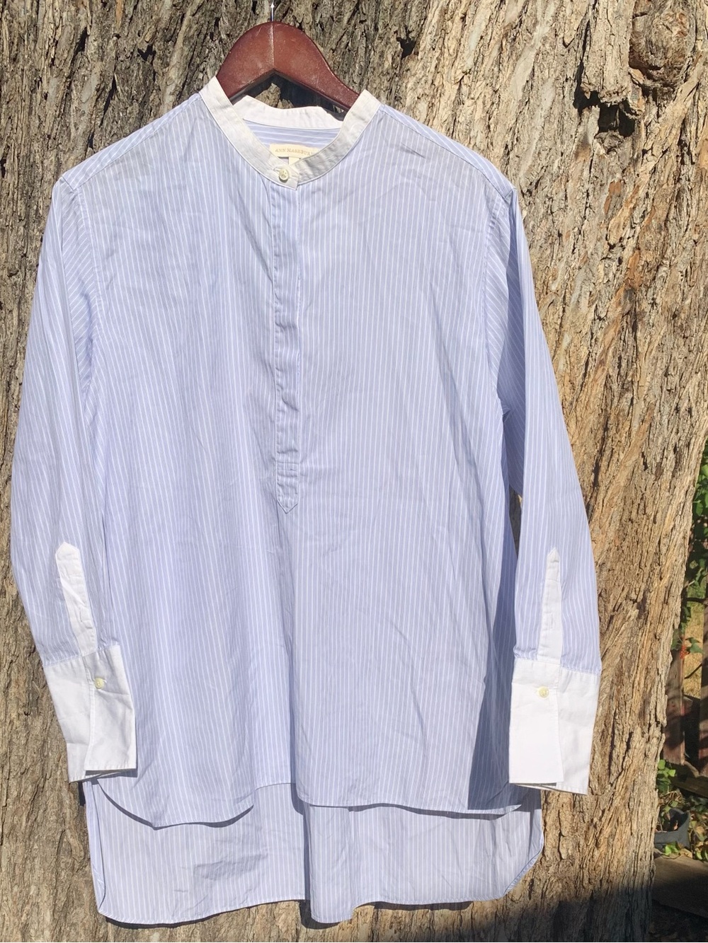 ANN MASHBURN Light Blue Pinstripe Grandad-Collar Shirt with White Accents